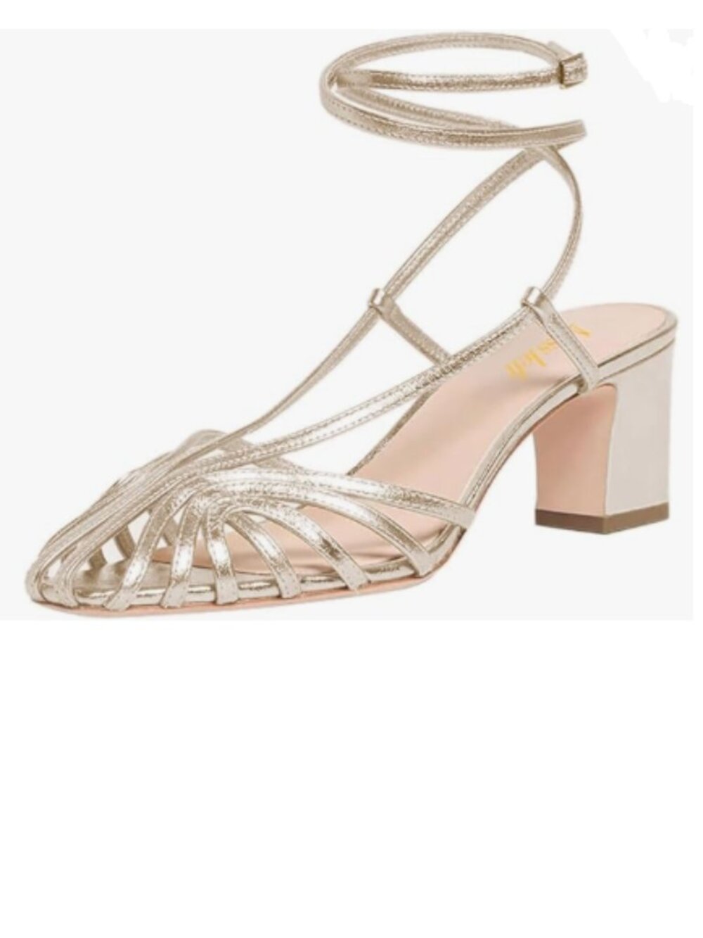miss left Gold Caged Toe Chunky Mid Heel Cutout Sandals Strappy Ankle Strap Shoe